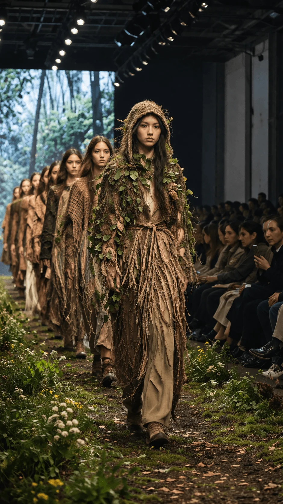 Models walk down a runway designed like a forest floor wearing earthy garments made of natural fibers, vines, and leaves, creating a regenerative fashion theme with greenery integrated into both outfits and stage.