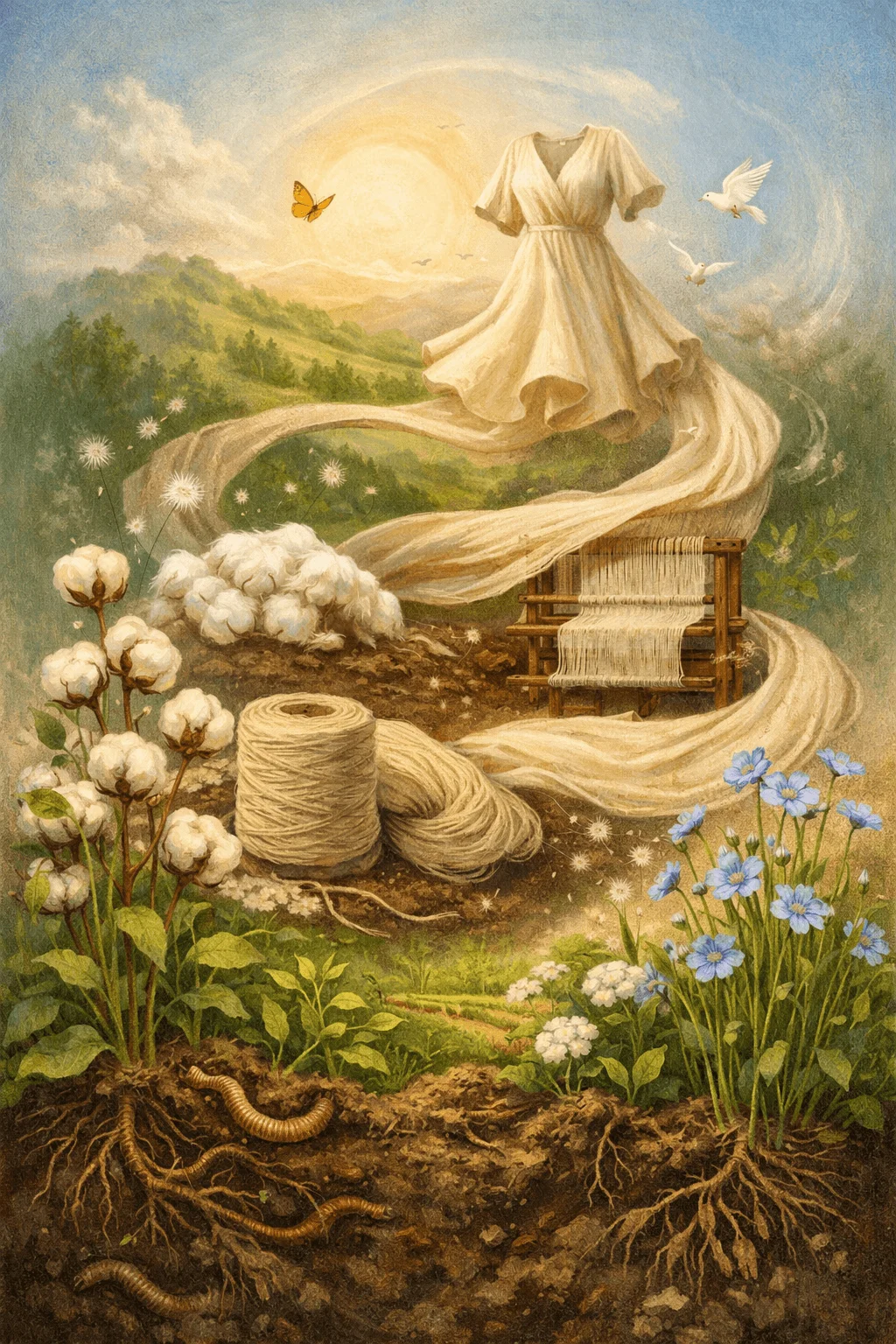 Artistic illustration of a flowing dress made from natural fibers floating above a landscape with cotton plants yarn spools and a weaving loom surrounded by flowers birds and butterflies with visible soil layers and roots symbolizing regenerative fashion and connection to nature