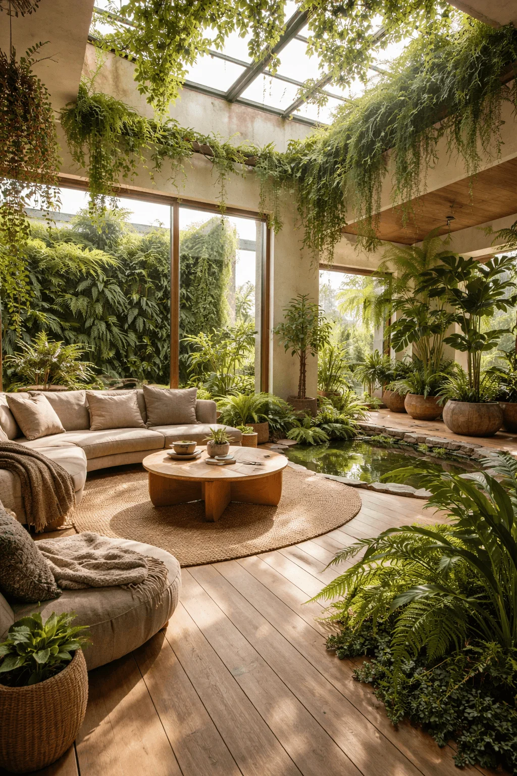 Bright indoor garden living space with wooden flooring glass ceiling abundant greenery a small indoor pond and cozy seating creating a serene nature inspired interior