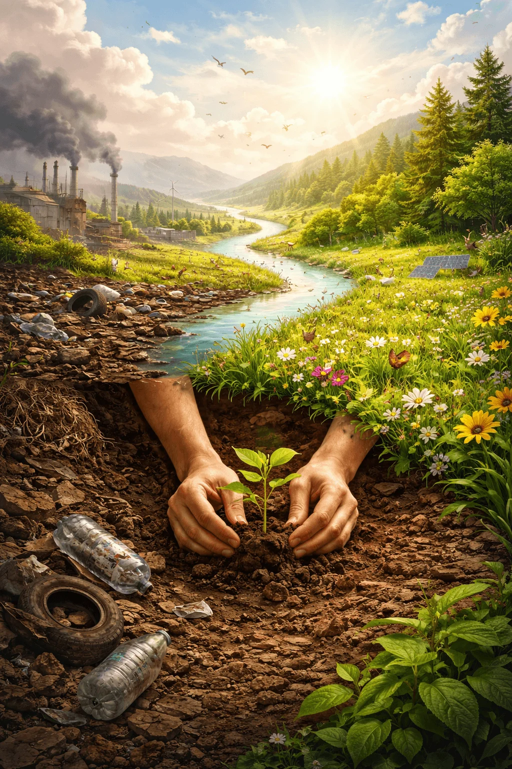 Hands planting a small green seedling in soil with a split landscape showing pollution with factory smoke and trash on one side and a clean river forest flowers and solar panels on the other side under bright sunlight