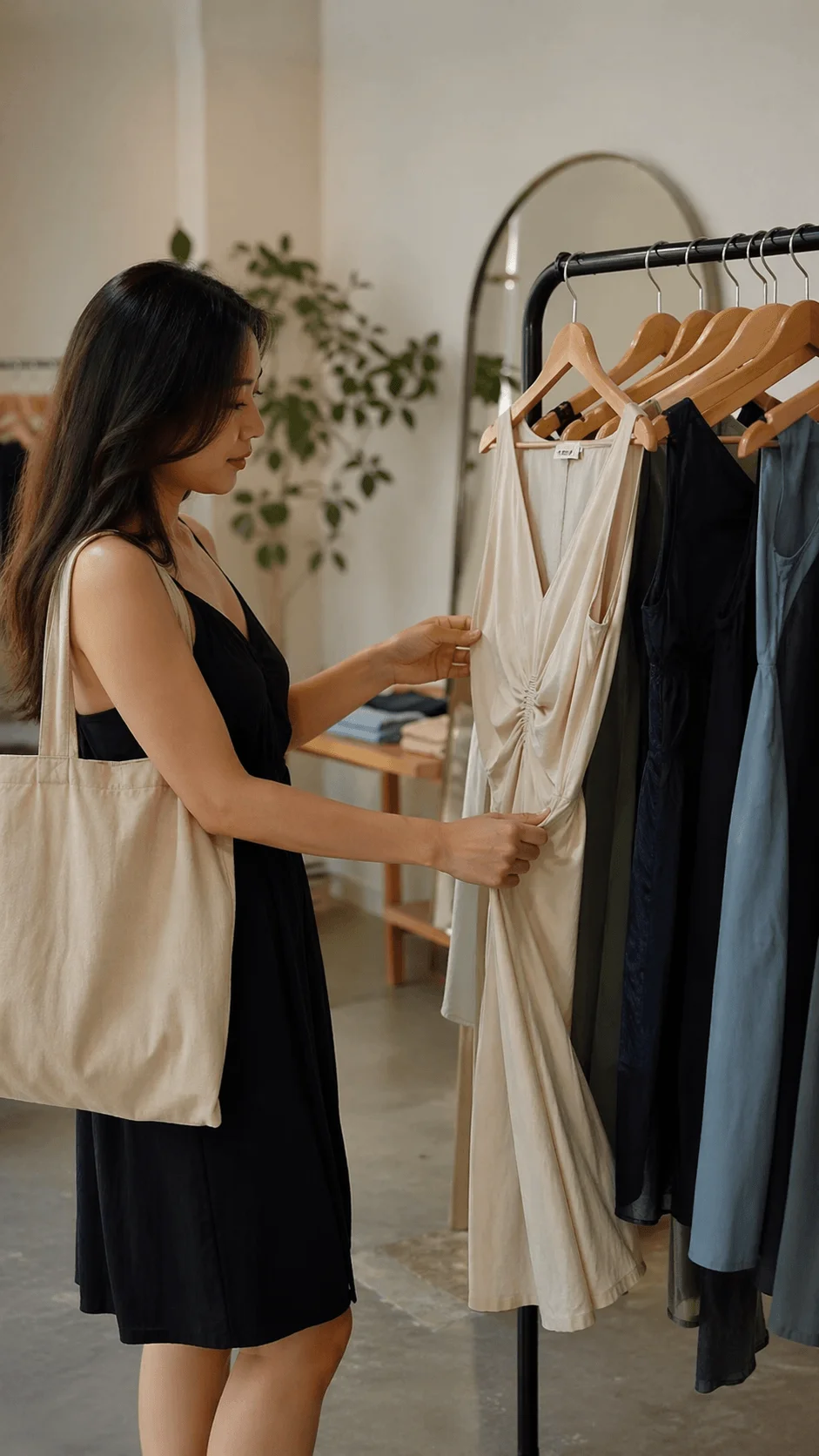 Woman selecting a dress from a clothing rack in a boutique setting highlighting rental friendly fashion and sustainable wardrobe choices
