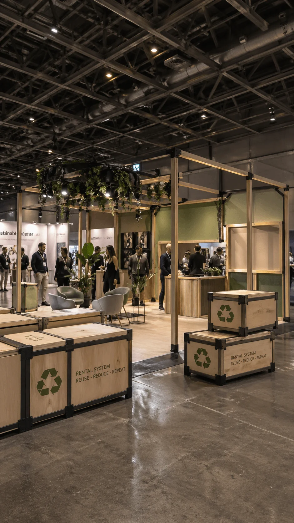 Sustainable exhibition booth with modular frames reusable crates greenery accents and rental system concept promoting reuse reduce repeat