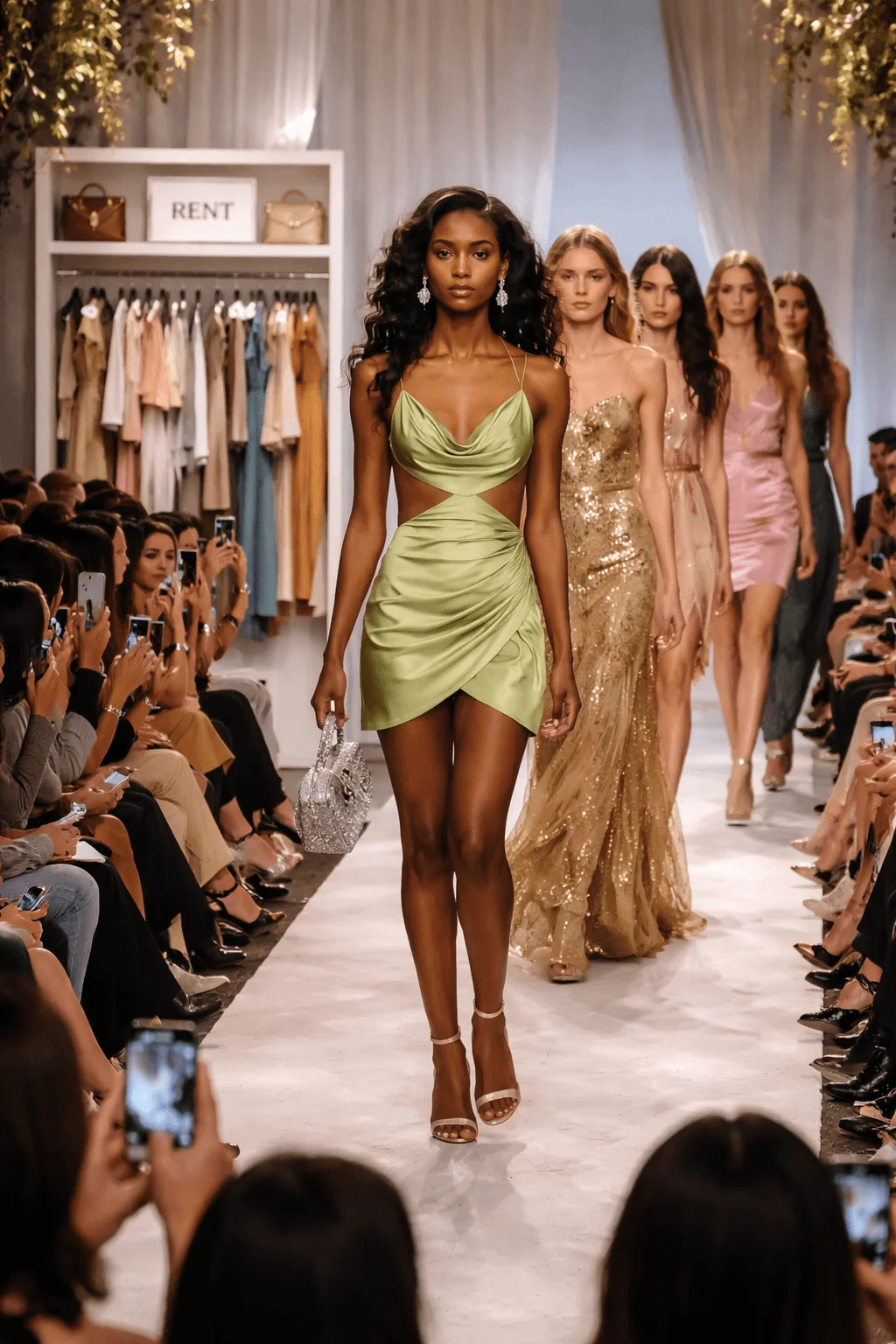 Model walking down a runway in an elegant green dress while a display of garments labeled for rent is visible in the background highlighting a fashion show concept focused on shared clothing access and sustainable consumption