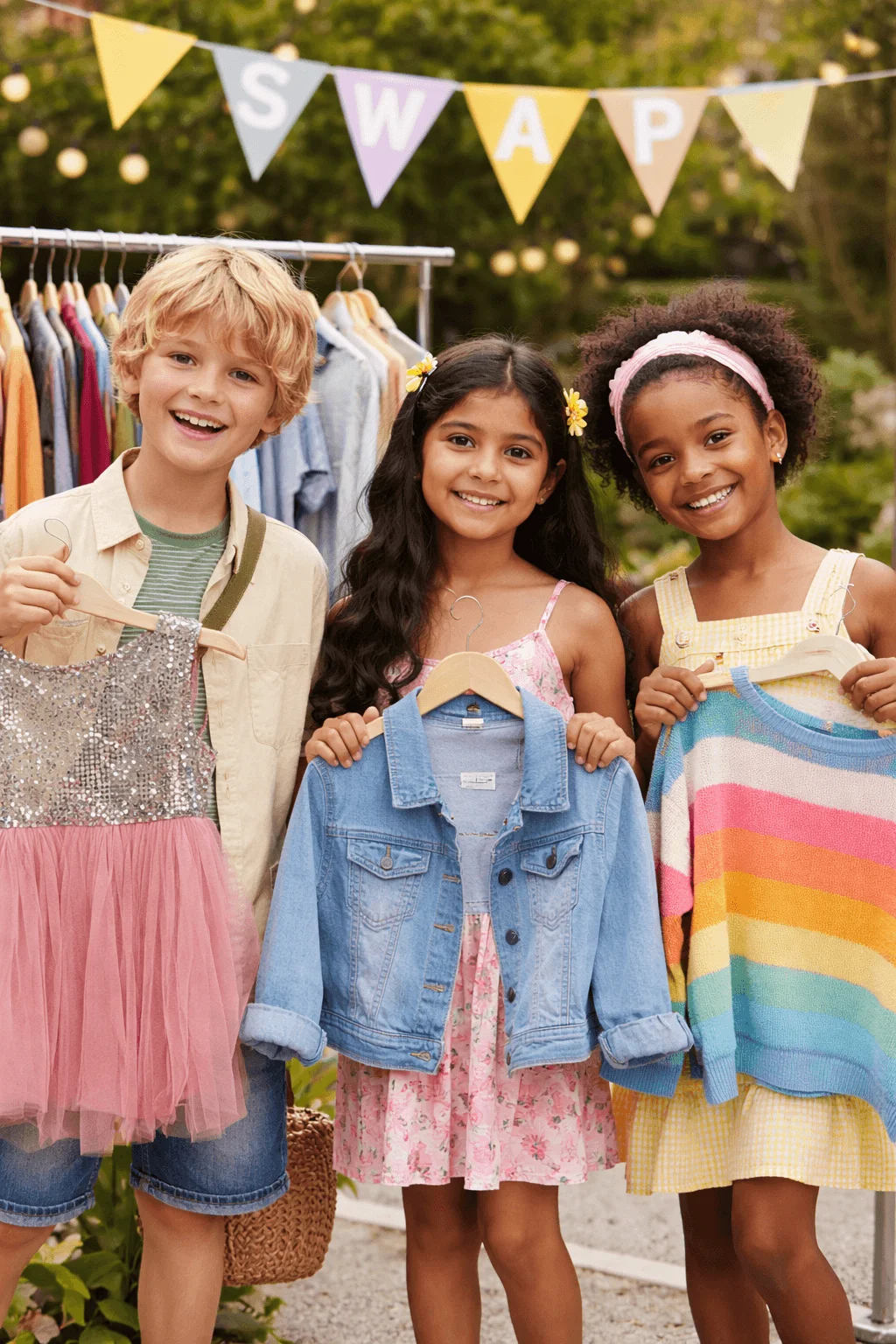 Three children stand outdoors holding different clothing items on hangers in front of a clothing rack with a swap banner suggesting a clothing exchange event