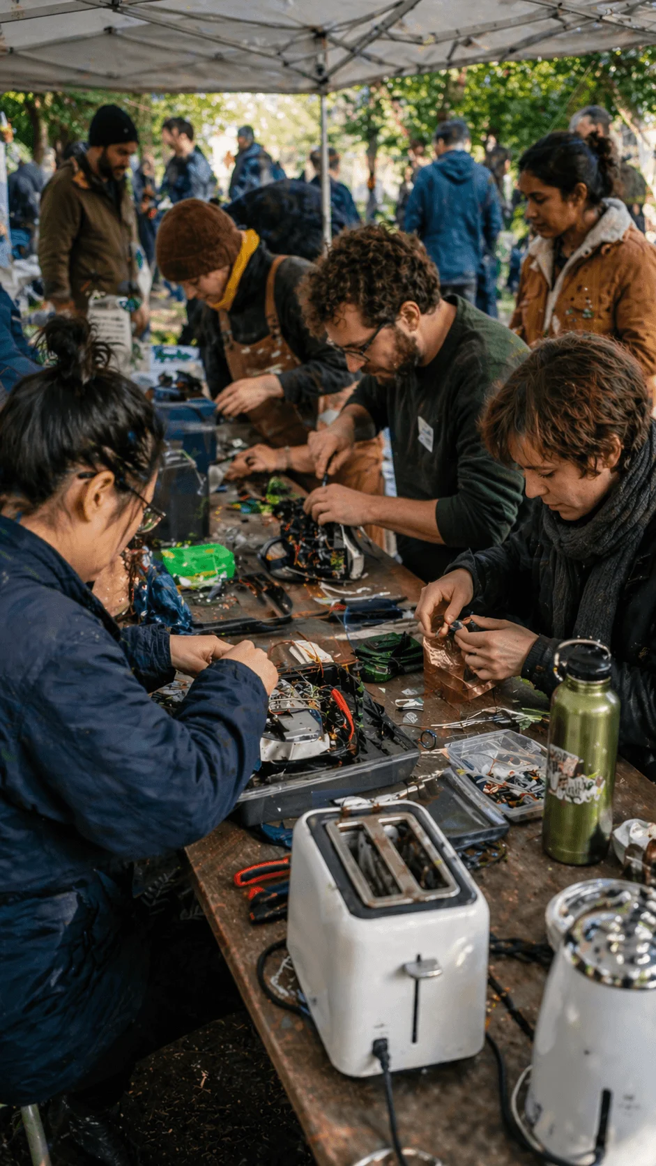 People gathered outdoors repairing electronics together at a community workshop table surrounded by tools and parts