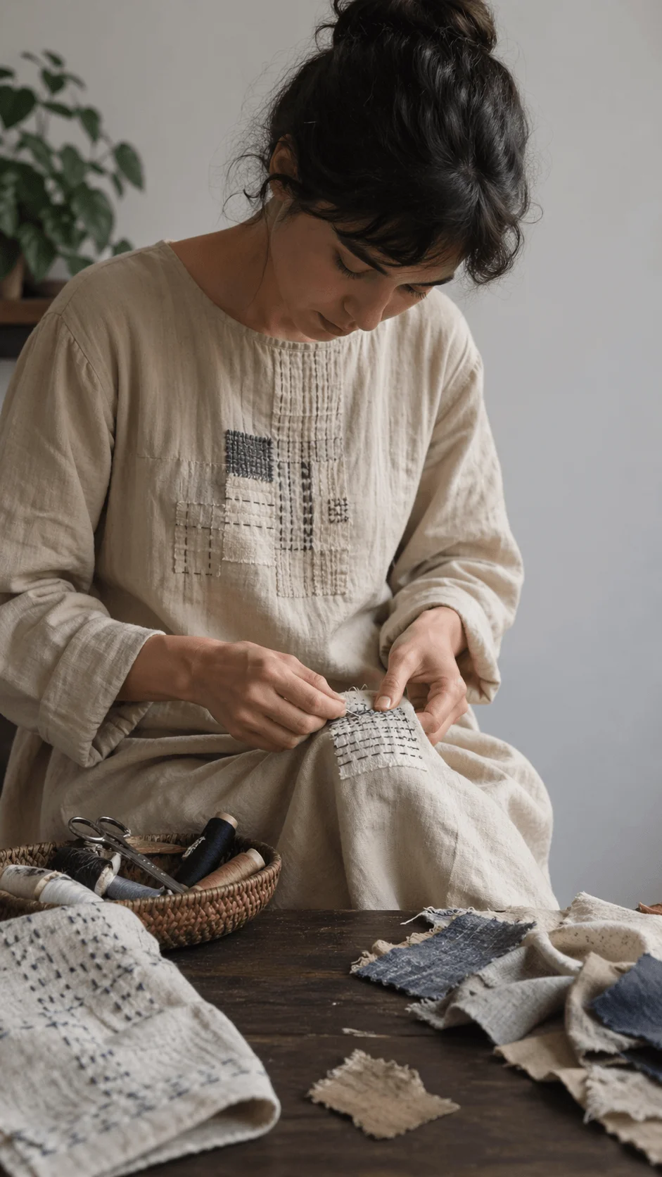 Person hand stitching and repairing a garment with visible mending patches using needle and thread at a worktable highlighting repairable clothing design and slow sustainable fashion