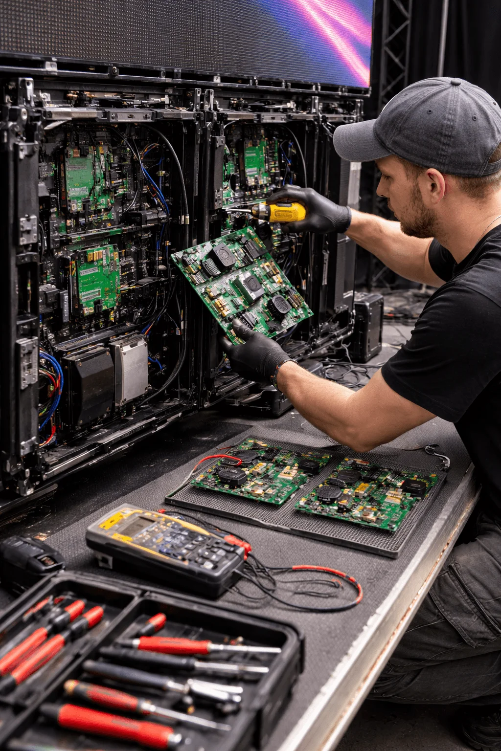 Technician repairing modular LED display panels by replacing circuit boards using tools on a workbench with open panel units showing internal components