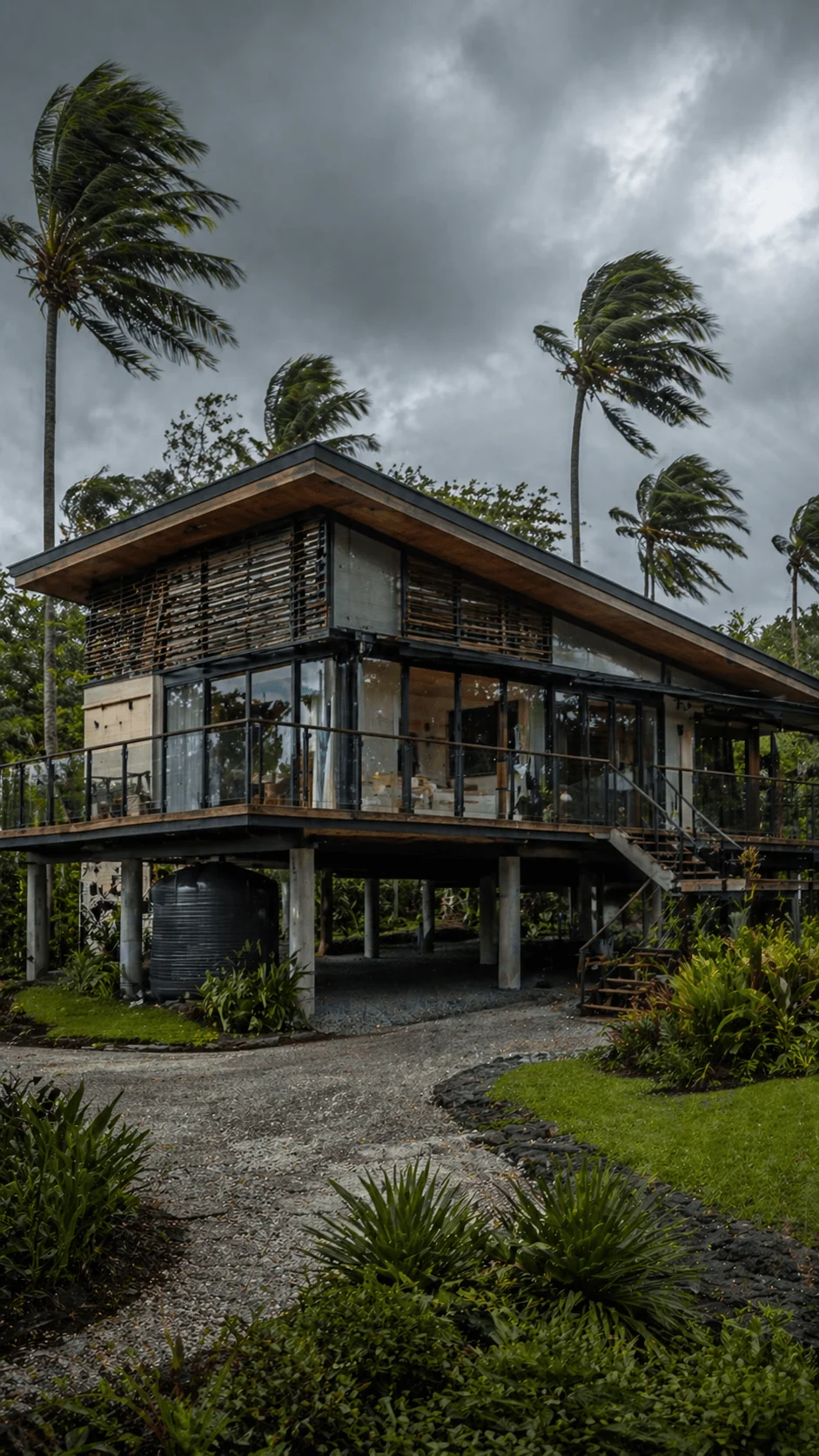 Modern elevated house on stilts designed for flood resilience with large glass walls, wraparound deck, rainwater tank, and palm trees bending in strong wind under stormy sky