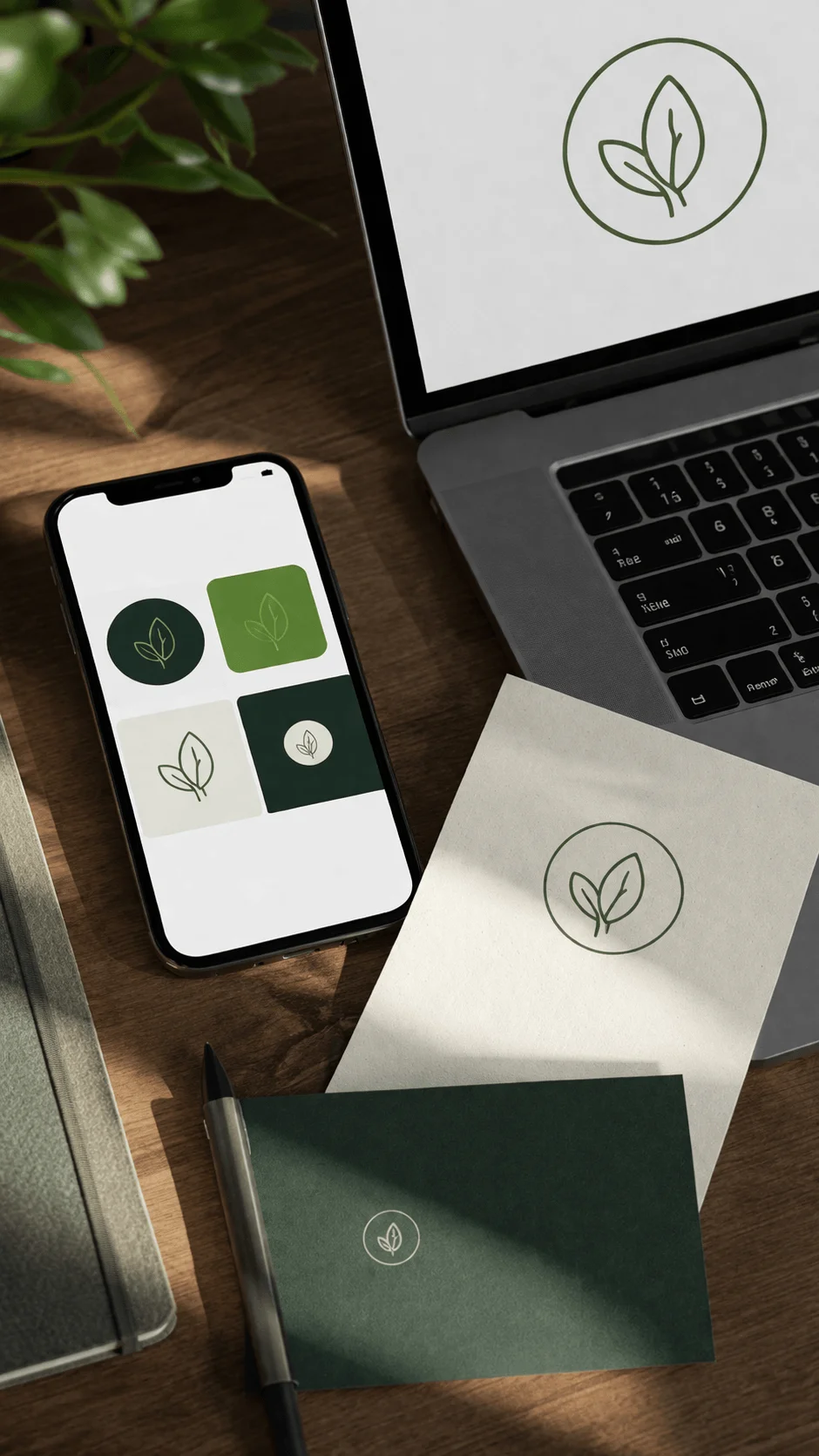 Eco friendly leaf logo displayed across multiple formats including laptop screen smartphone interface printed card and business card on a wooden desk with natural lighting and workspace elements