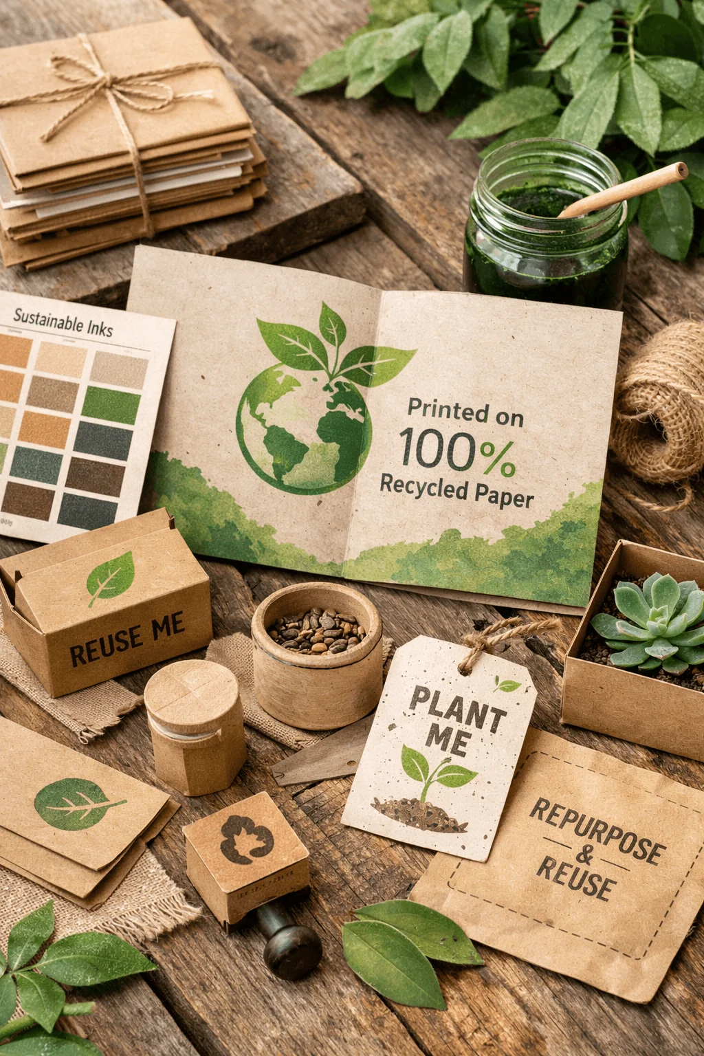 Eco friendly print materials including recycled paper packaging plantable cards natural ink samples and reusable boxes arranged on wooden surface with greenery
