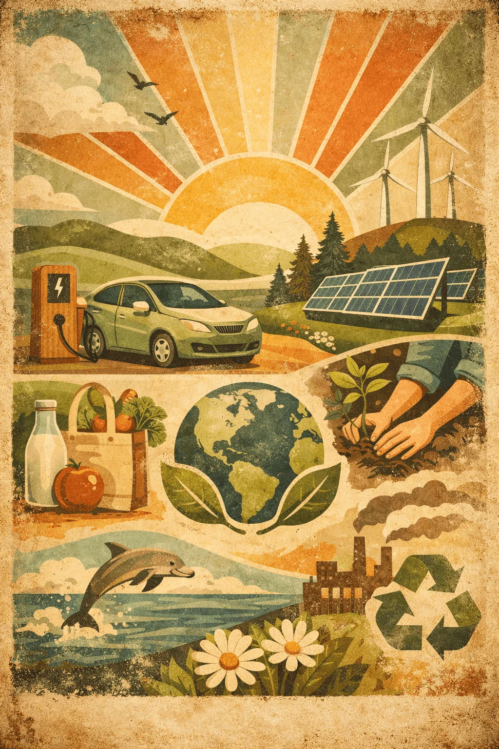 Retro style illustration featuring sustainability themes with a sunrise over hills wind turbines solar panels an electric car recycling symbol globe planting hands ocean life and eco friendly lifestyle elements