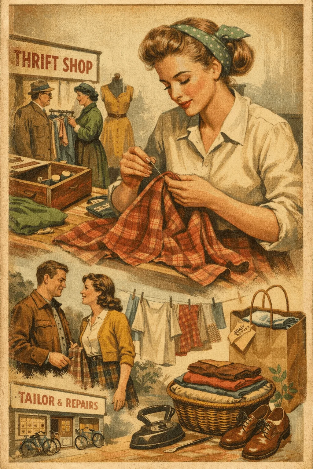 Vintage style illustration of a woman sewing and repairing clothes with scenes of a thrift shop couple browsing garments laundry hanging to dry folded clothes basket shoes and a tailor and repairs shop promoting reuse and sustainable fashion