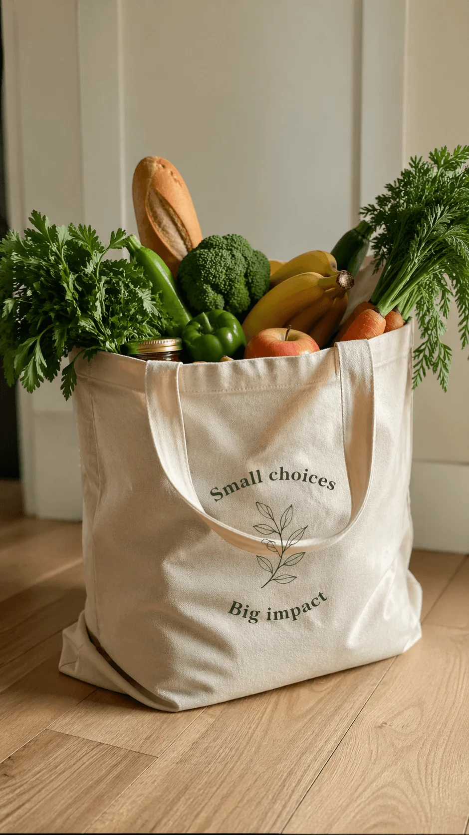 Reusable cloth grocery bag filled with fresh vegetables fruits and bread with text small choices big impact promoting sustainable shopping