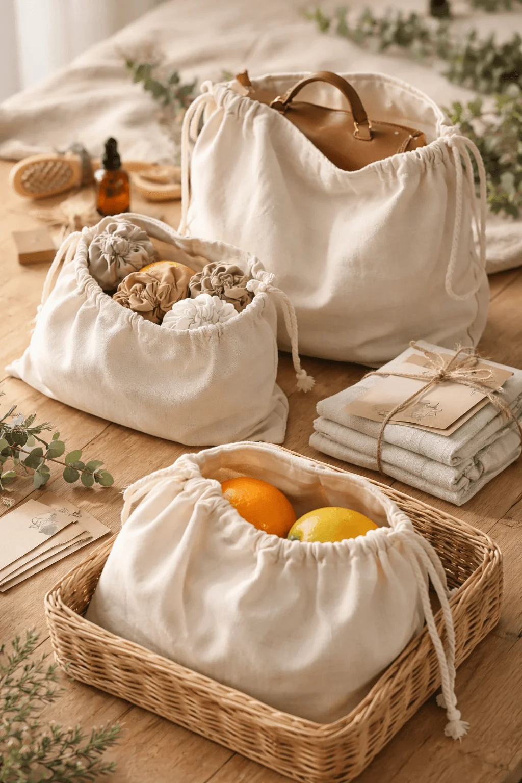 Reusable cotton drawstring bags on a wooden table holding fruits and small items with folded cloths and natural decor in a soft neutral setting