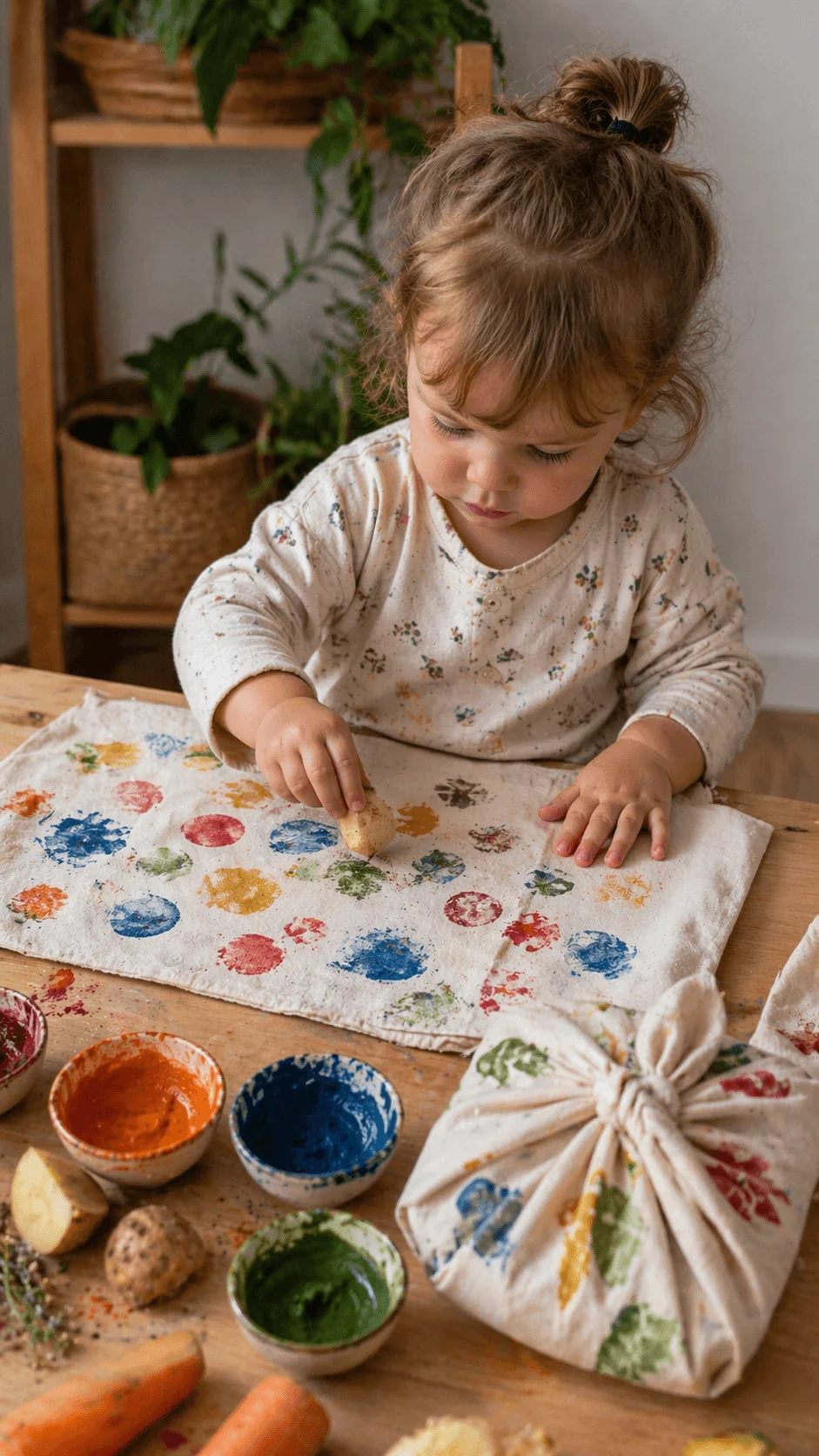 Toddler stamping colorful patterns onto fabric using vegetable prints to create reusable cloth wrap art