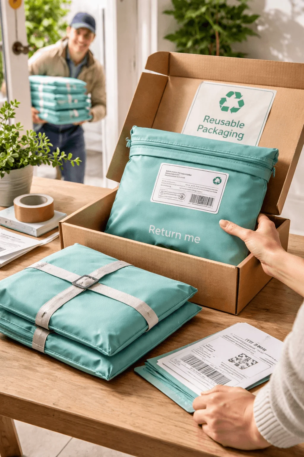 Reusable returnable packaging system with teal fabric mailers in a cardboard box labeled return me with a delivery person in the background