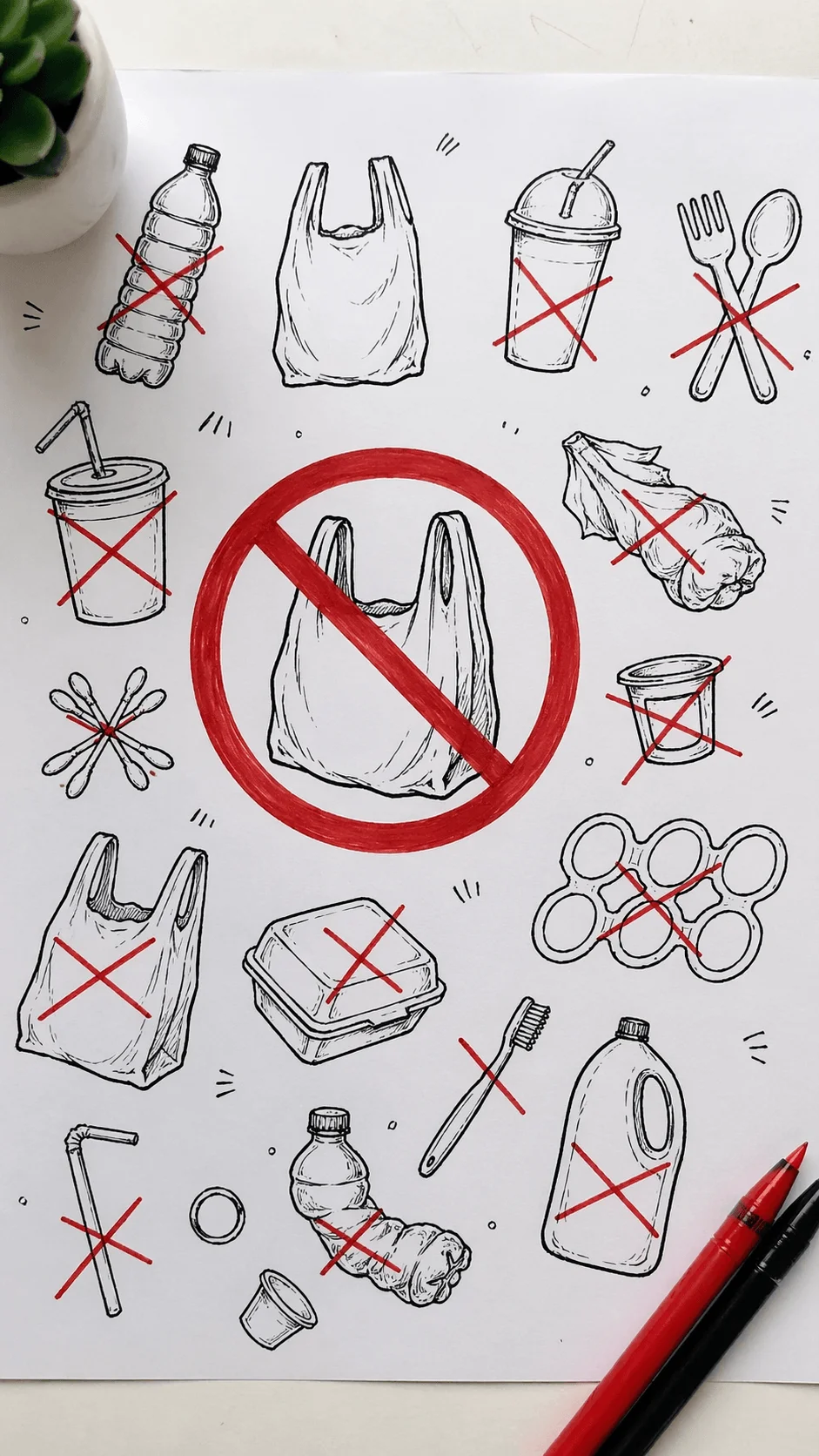 Hand drawn doodles of single use plastic items like bottles bags cups straws and cutlery crossed out with red marks and a central no plastic sign promoting eco friendly alternatives