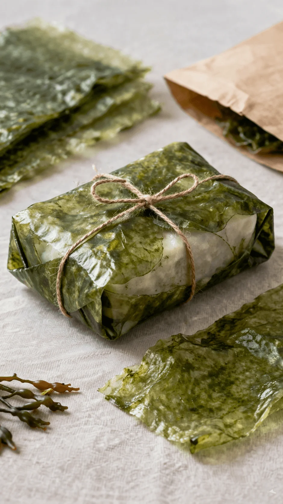 Food wrapped in biodegradable seaweed based packaging tied with twine with loose seaweed sheets and paper bag in the background