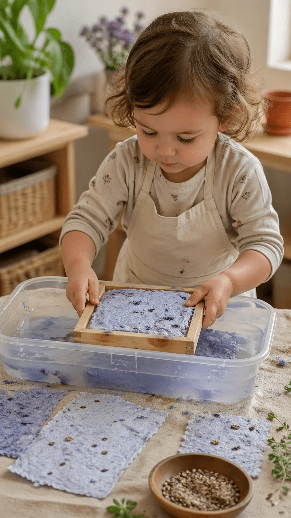 Toddler making seed paper by pressing recycled pulp in a wooden frame over a tray with scattered paper sheets and seeds nearby