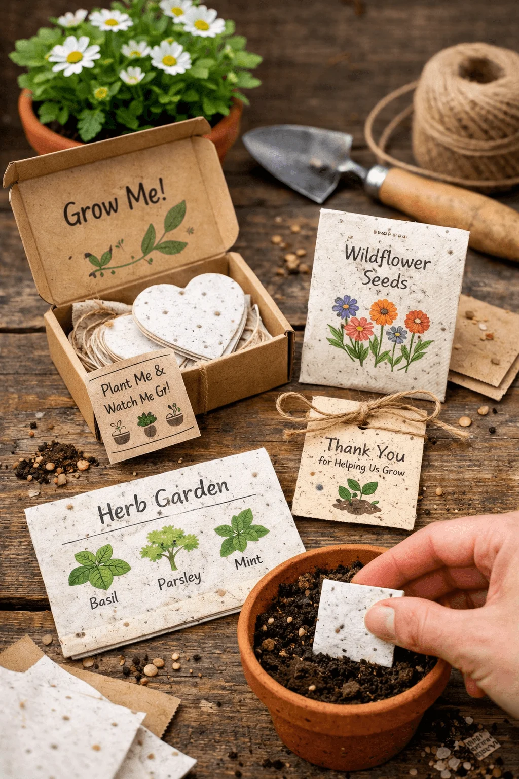 Hand placing a seed paper square into a small pot of soil surrounded by eco friendly plantable paper packaging with herb and wildflower labels on a wooden table