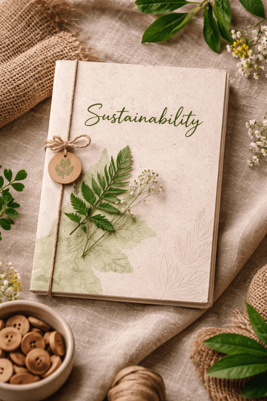Eco friendly brochure cover with natural textures featuring recycled paper leaves twine tag and soft earthy materials arranged in a warm organic setting