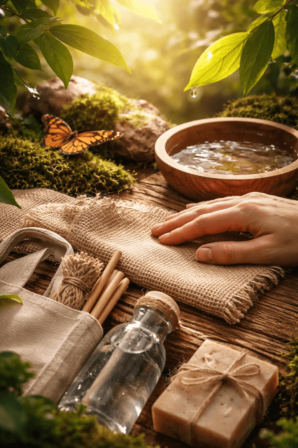 Natural eco friendly scene with sunlight filtering through leaves a hand touching textured fabric beside a wooden bowl of water butterfly moss reusable items like glass bottle soap and cloth bag arranged on a rustic surface