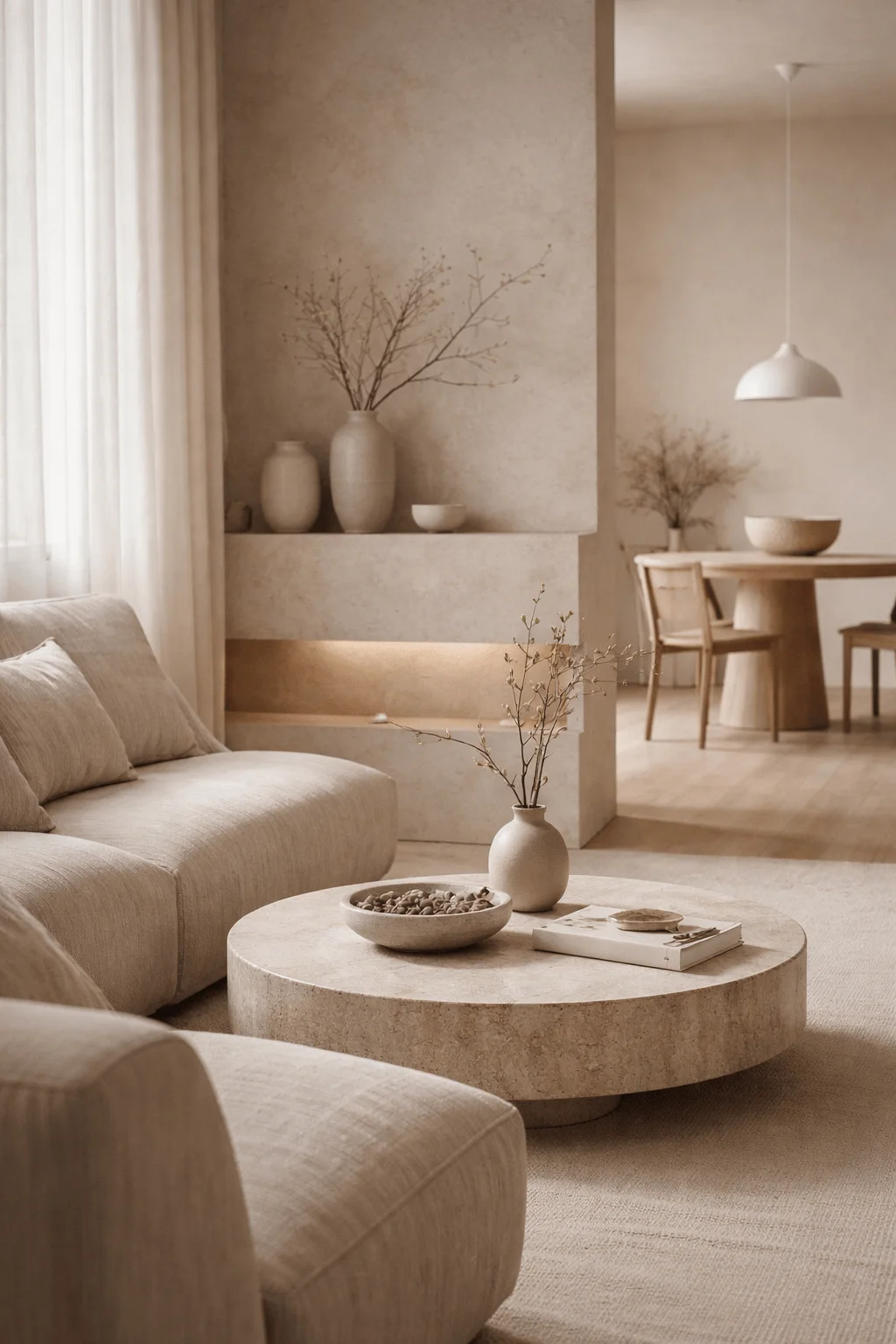Sensory minimalism concept showing a calm neutral toned living space with soft textures simple furniture natural materials subtle decor and warm lighting creating a peaceful and uncluttered atmosphere
