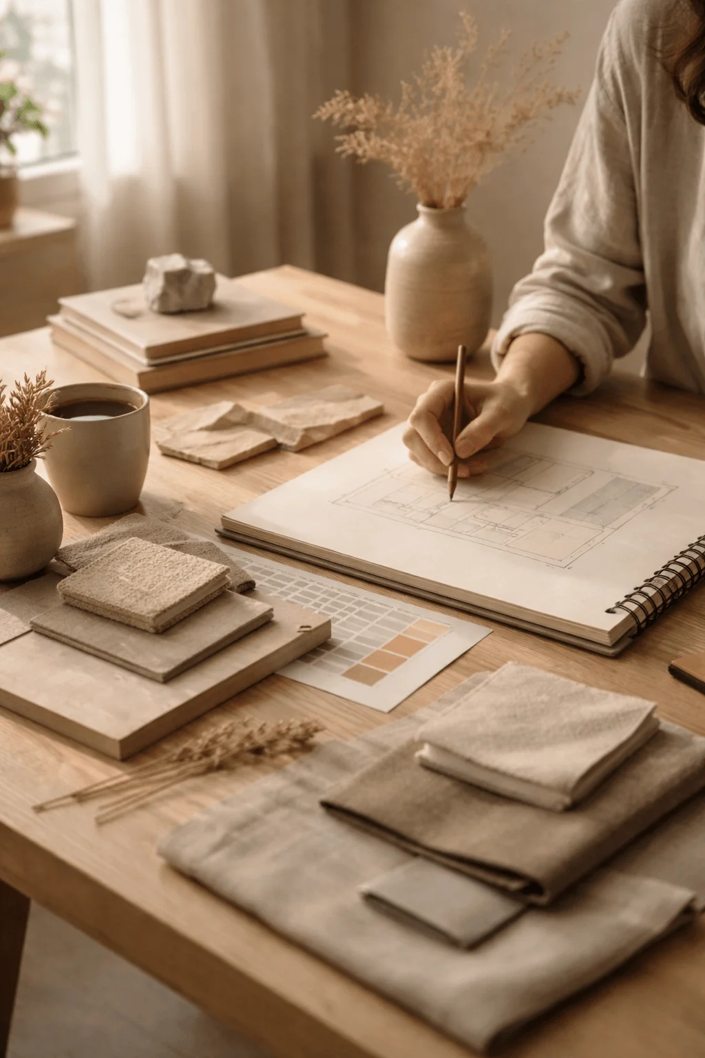Warm workspace with natural materials including wood paper and textiles with hands sketching designs in a notebook reflecting a thoughtful slow design process