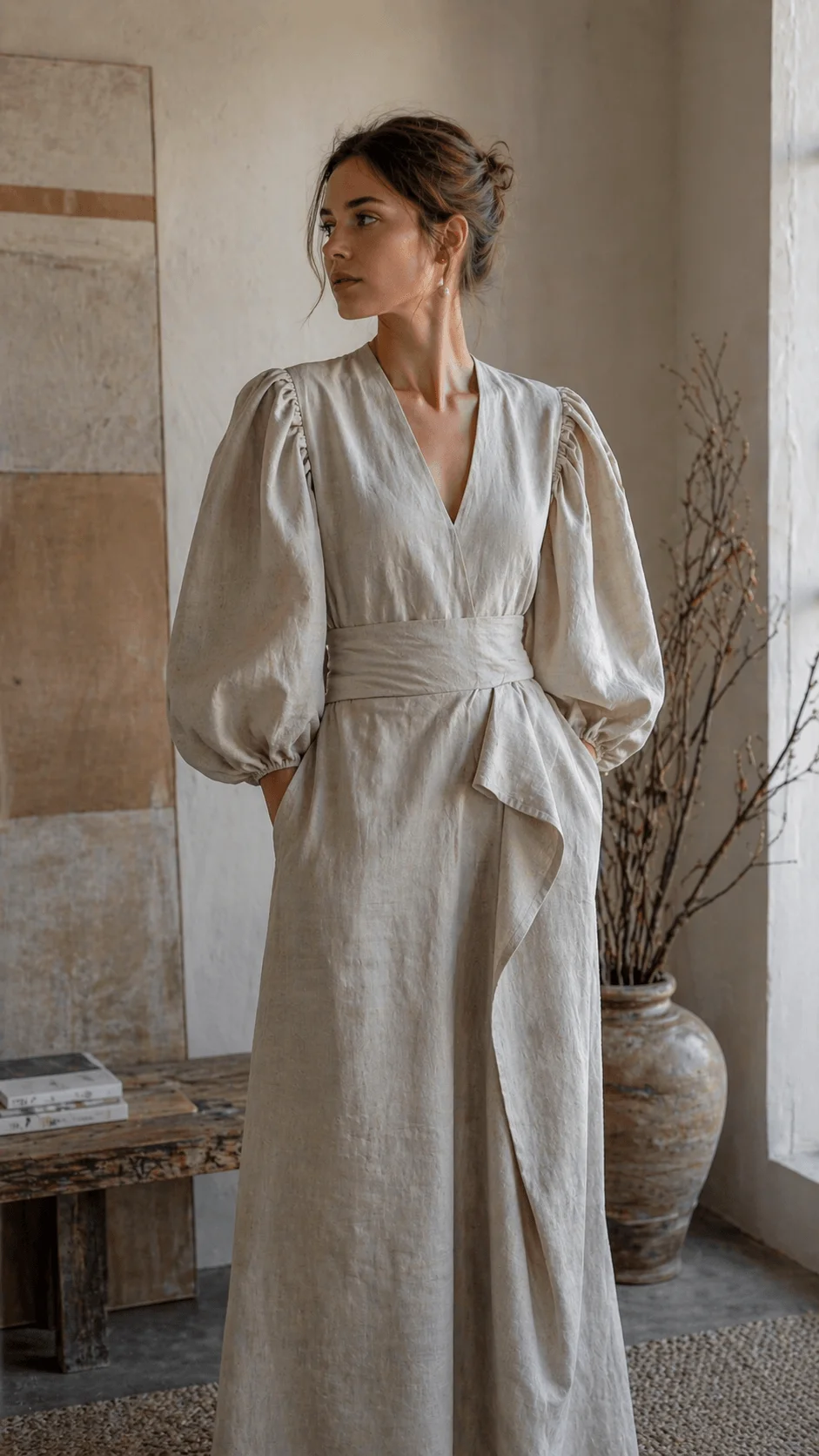 Modular beige dress shown in multiple configurations with detachable sleeve and wrap variations demonstrating versatile styling