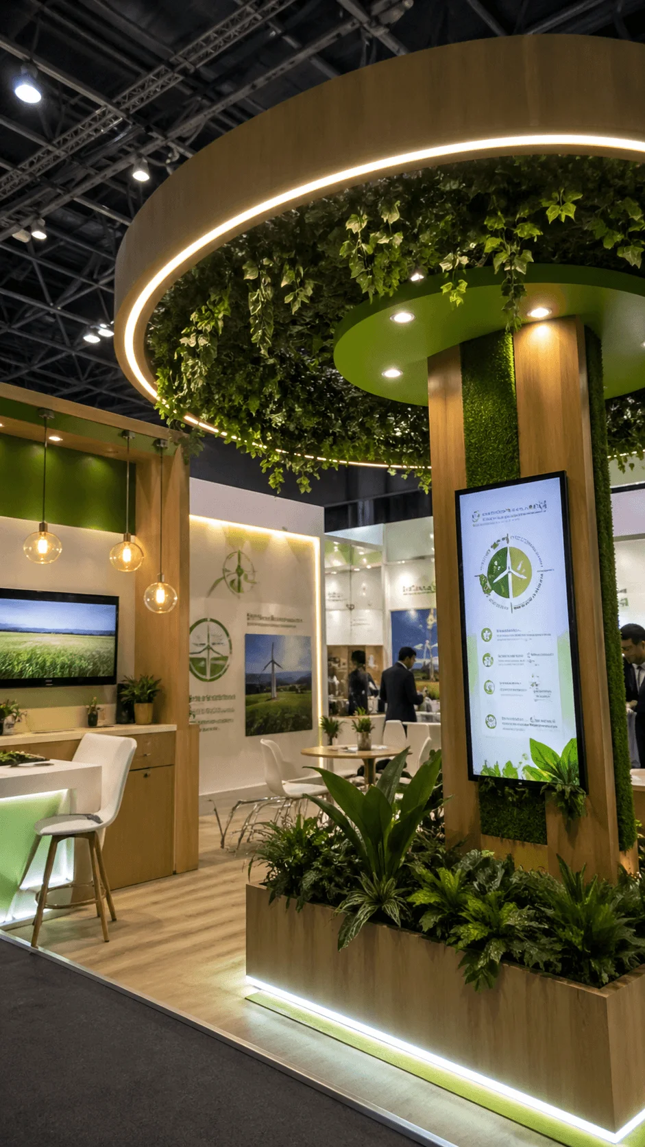 Eco friendly trade show booth with circular overhead lighting greenery displays digital screens and sustainable energy themed design