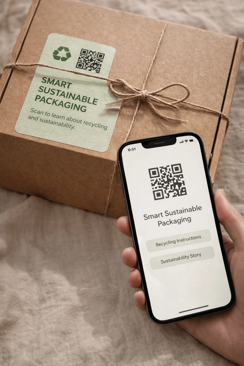 Smart sustainable packaging with a kraft box labeled with a QR code being scanned on a smartphone showing recycling and sustainability information