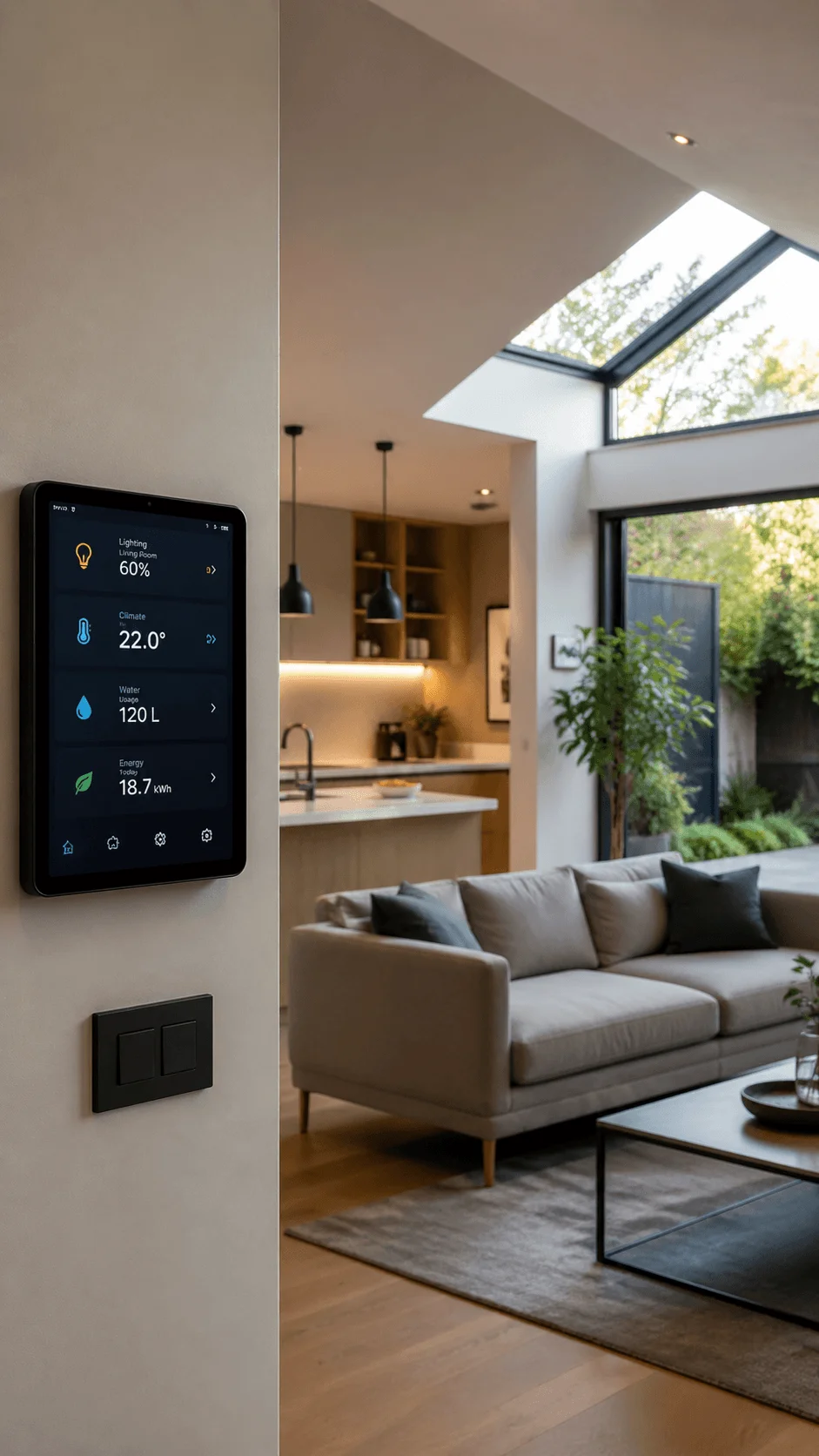 Smart home interior with wall mounted control panel showing energy lighting climate and water usage in modern open living space with natural light