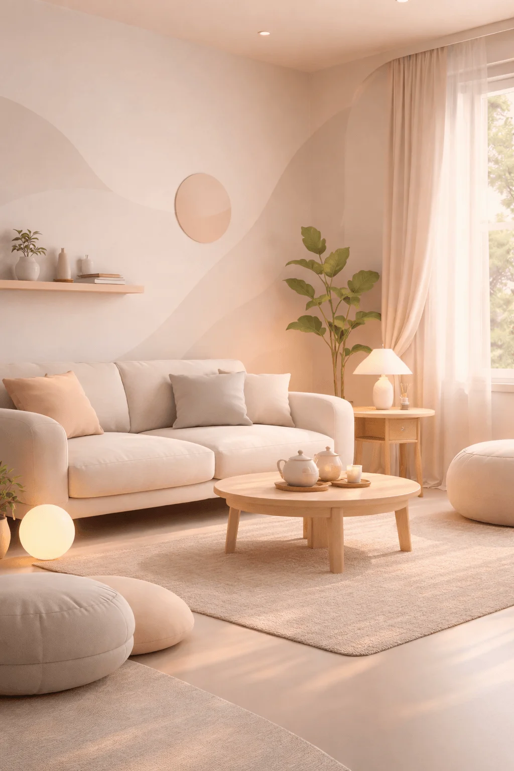 Calm minimalist living room with soft neutral tones a cozy sofa wooden table warm lighting plants and gentle natural light creating a peaceful and comforting atmosphere