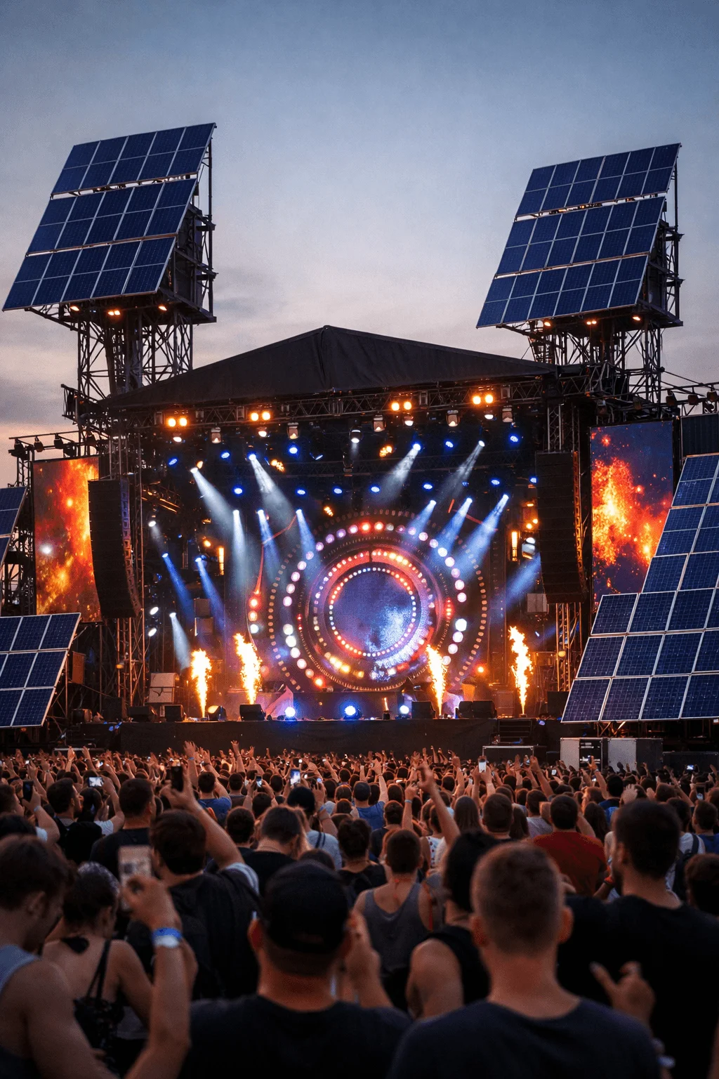 Outdoor concert stage powered by solar panels mounted on tall structures with large LED screens dynamic lighting effects pyrotechnics and a crowd of people enjoying the performance