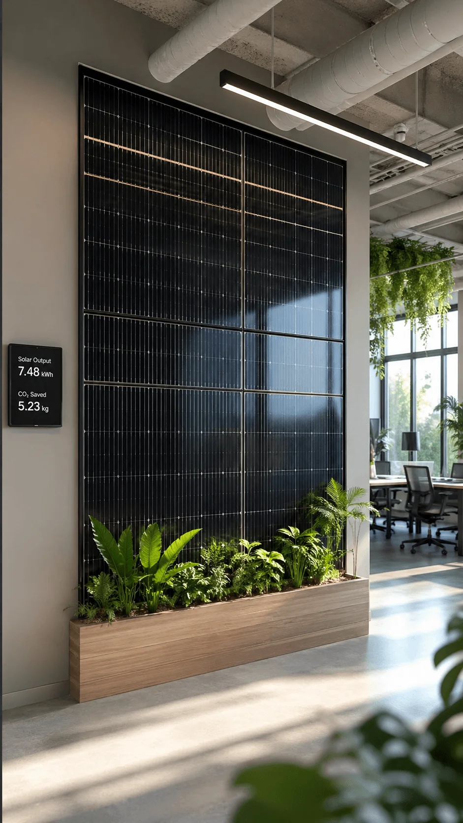 Modern office interior with wall integrated solar panels live plants below energy display screen and sustainable eco friendly workspace design