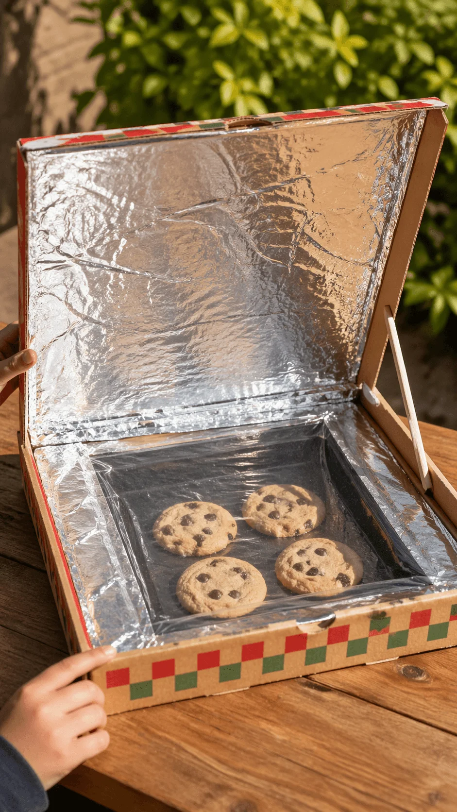 Homemade solar oven made from a pizza box with foil reflecting sunlight baking cookies outdoors