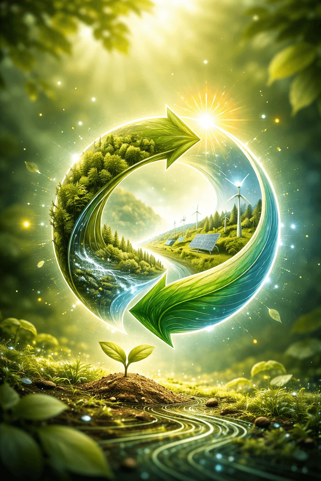 Glowing circular eco symbol made of leaves forming arrows surrounding a lush landscape with trees solar panels wind turbines and a river with a small plant growing in the foreground