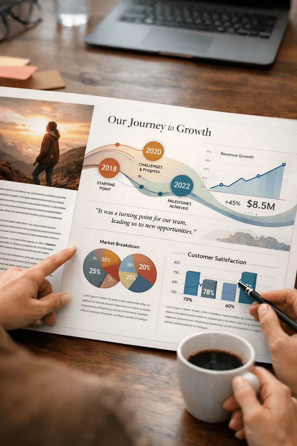 Printed report page showing business growth journey timeline with charts graphs and data visualization being reviewed by a person at a desk with coffee and laptop