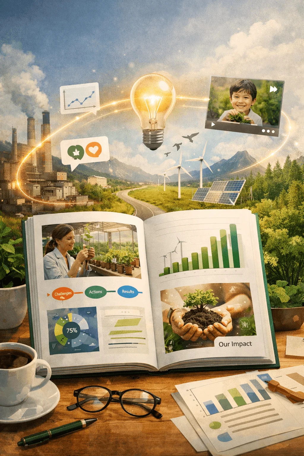 Open sustainability report book on a desk with charts and impact visuals set against a transition from industrial pollution to renewable energy landscape with wind turbines solar panels and greenery alongside storytelling elements like icons graphs and images of people and nature