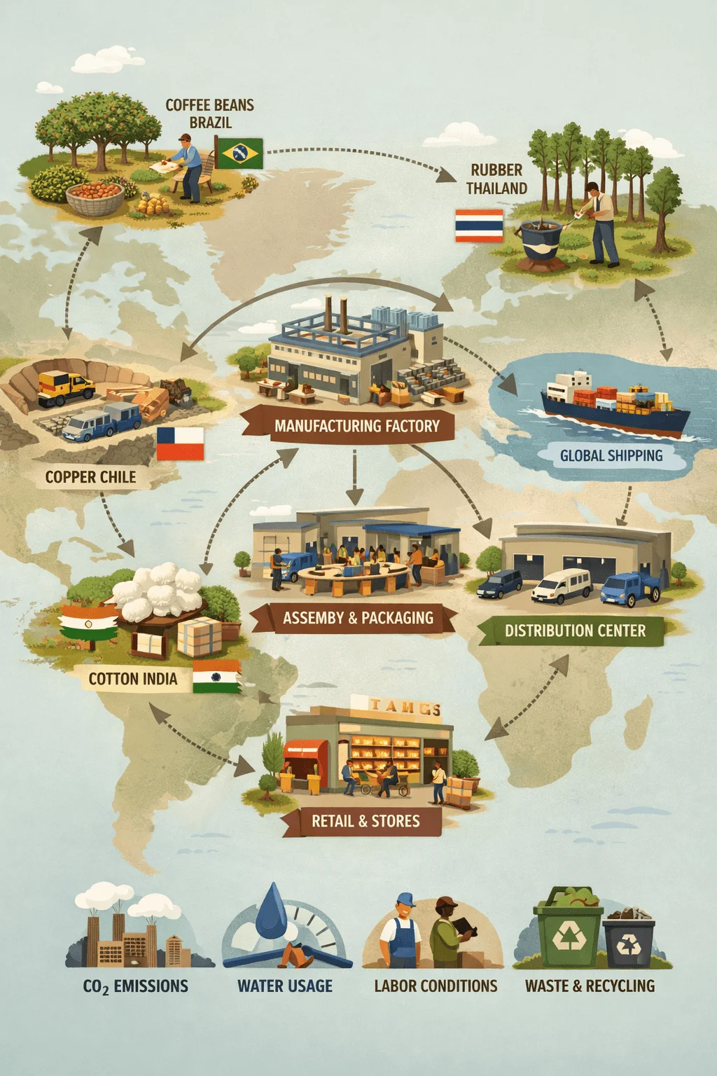 Illustrated global supply chain map showing sourcing of coffee beans from Brazil rubber from Thailand copper from Chile and cotton from India flowing to a manufacturing factory then assembly and packaging global shipping distribution center and retail stores with sustainability indicators for CO2 emissions water usage labor conditions and waste and recycling