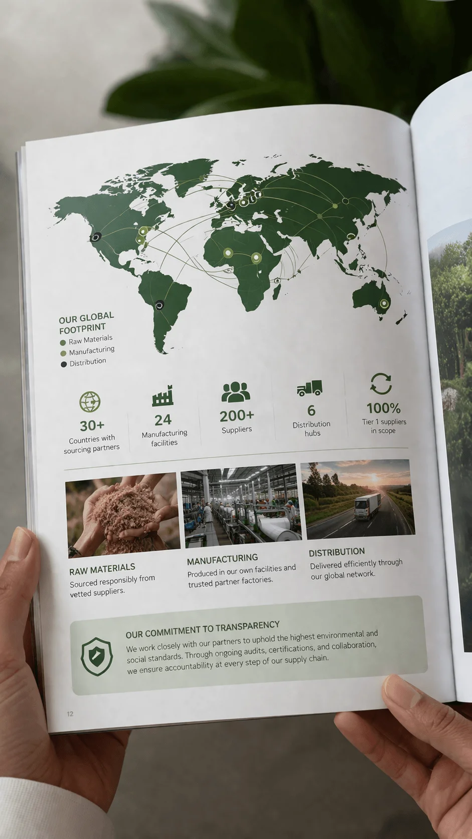 Printed sustainability report page showing global supply chain map with sourcing manufacturing and distribution data along with key metrics and transparency highlights