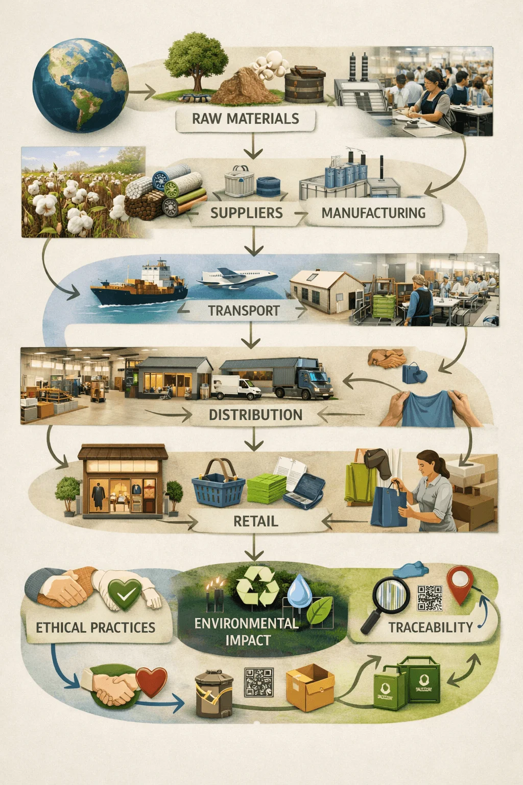 Illustrated supply chain flow showing raw materials suppliers manufacturing transport distribution and retail with visuals of factories shipping and stores alongside ethical practices environmental impact and traceability elements