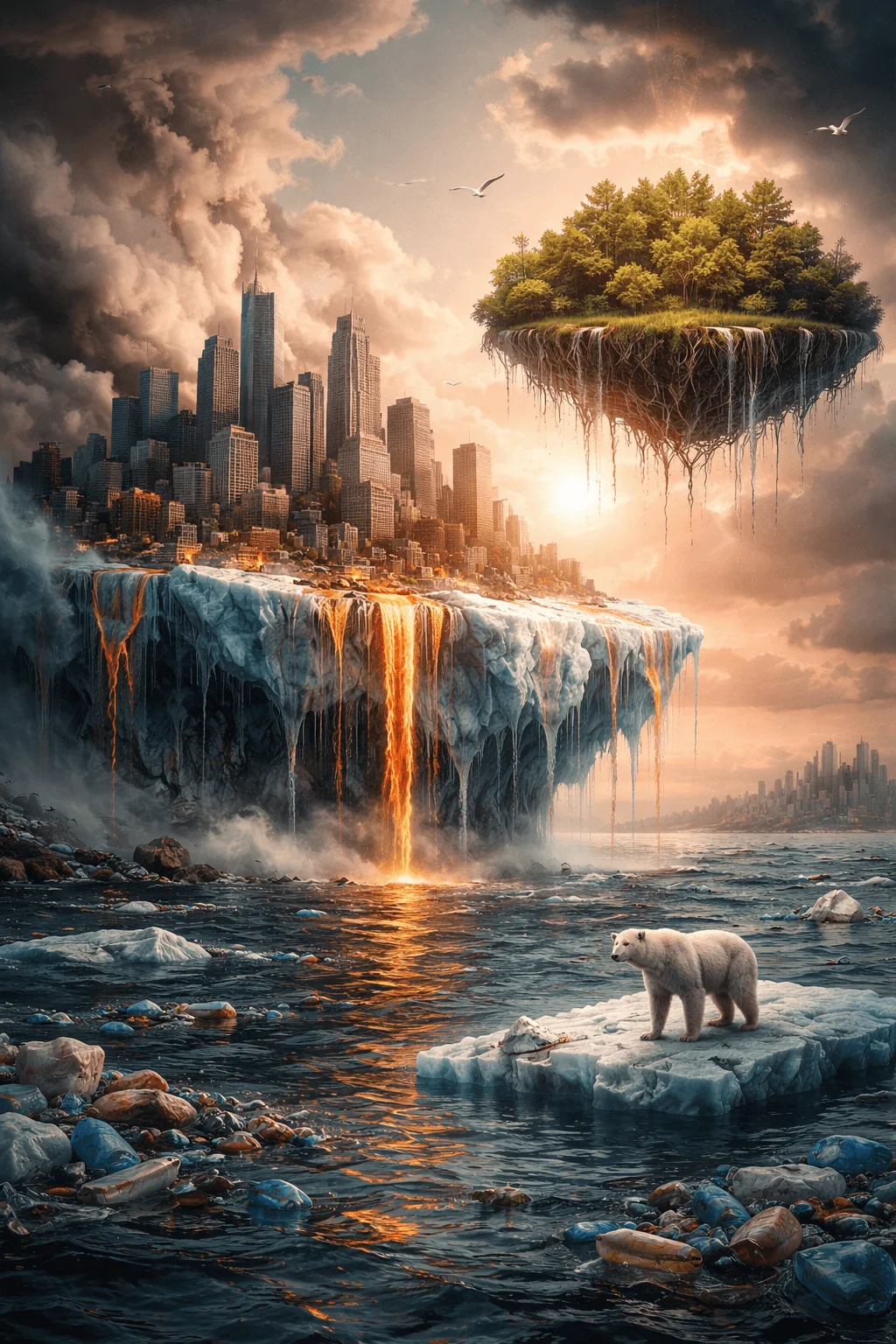 Surreal environmental illustration of a polluted ocean with floating ice where a polar bear stands beneath a crumbling city on a melting platform with lava like flows while a separate floating island above holds a lush green forest contrasting destruction and preservation