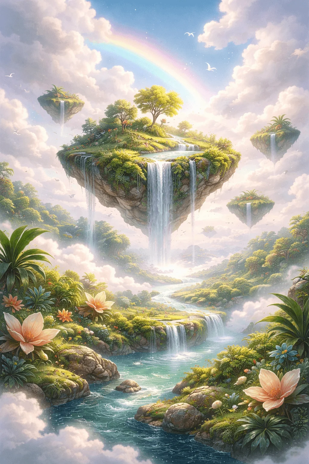 Dreamlike fantasy landscape with floating islands lush greenery cascading waterfalls a flowing river colorful flowers and a rainbow in a bright sky creating a magical surreal atmosphere