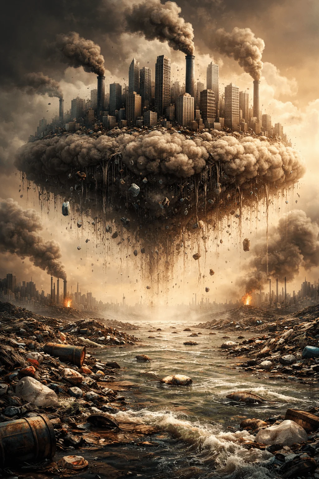 Surreal dystopian scene of a floating polluted city emitting thick smoke above a toxic river filled with trash debris and dead fish symbolizing environmental destruction