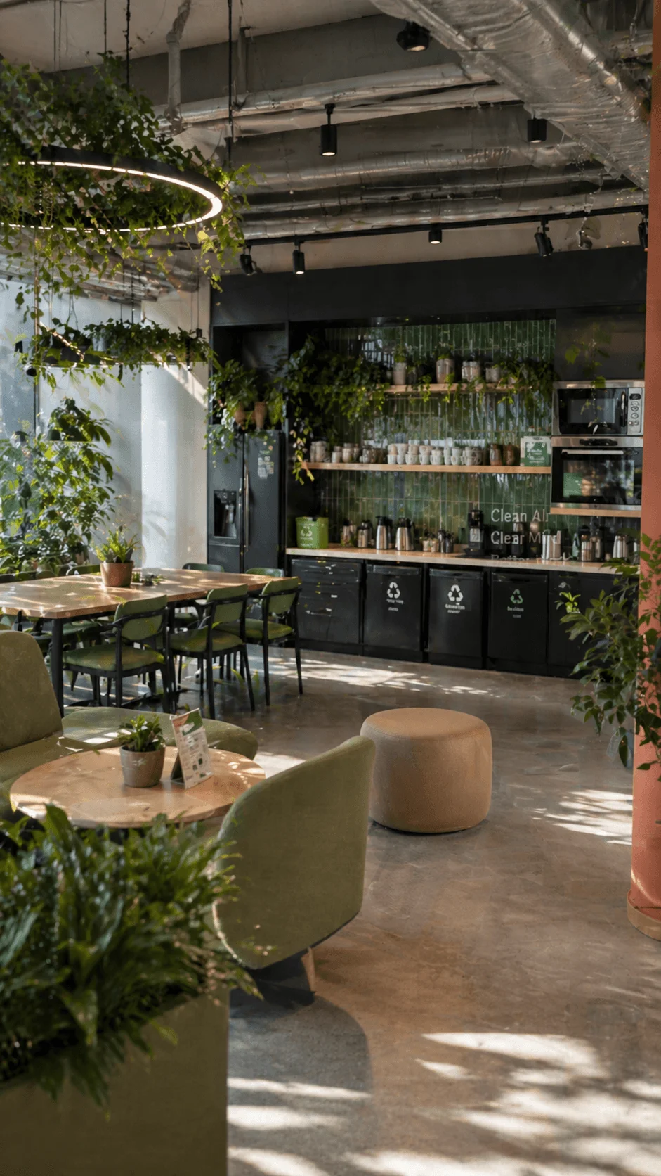 Sustainable office kitchen and breakout area with greenery recycling stations natural light and eco friendly materials creating a relaxing communal space
