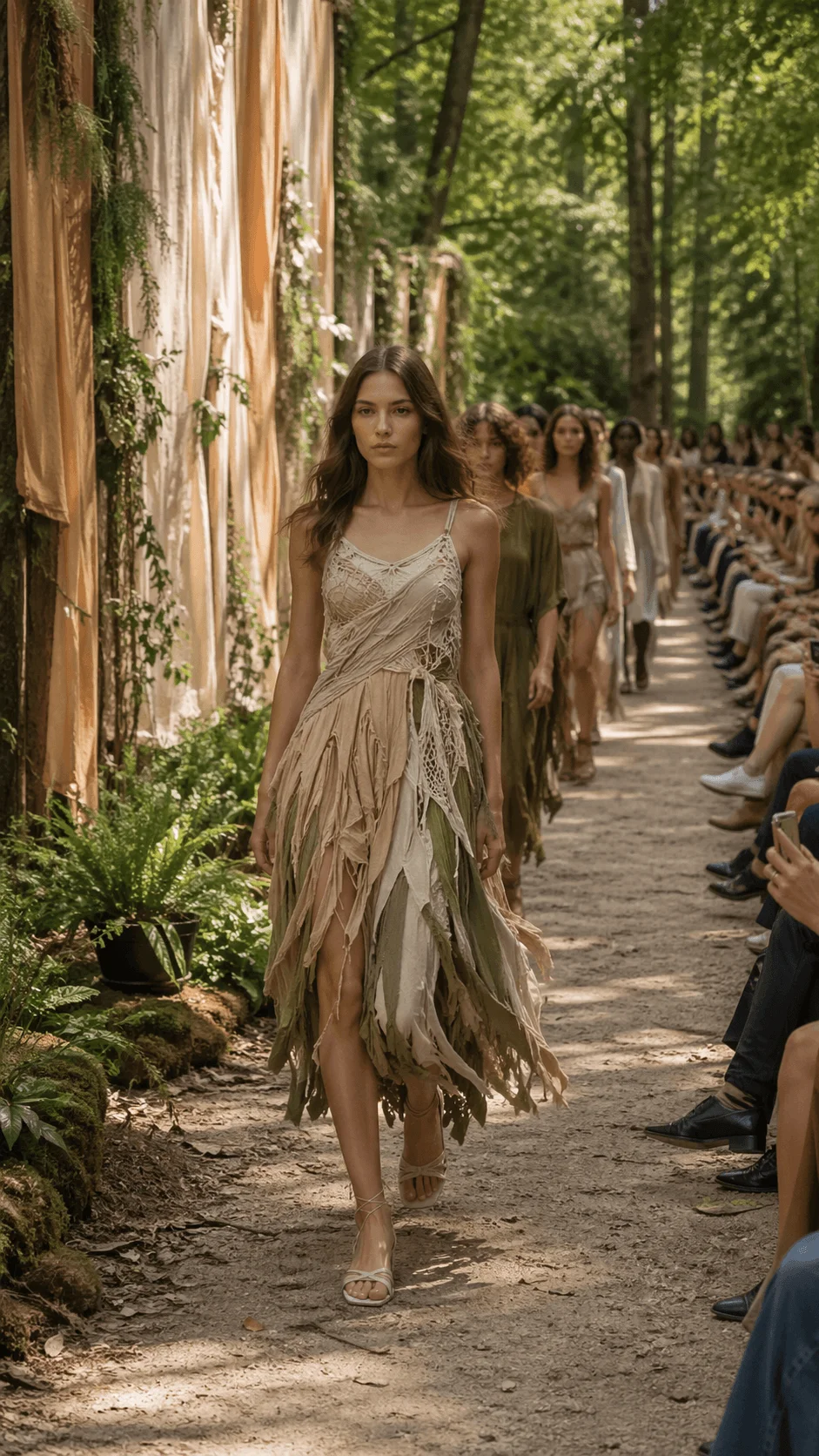 Models walking on a forest runway showcasing sustainable fashion made from natural and recycled materials in an outdoor setting