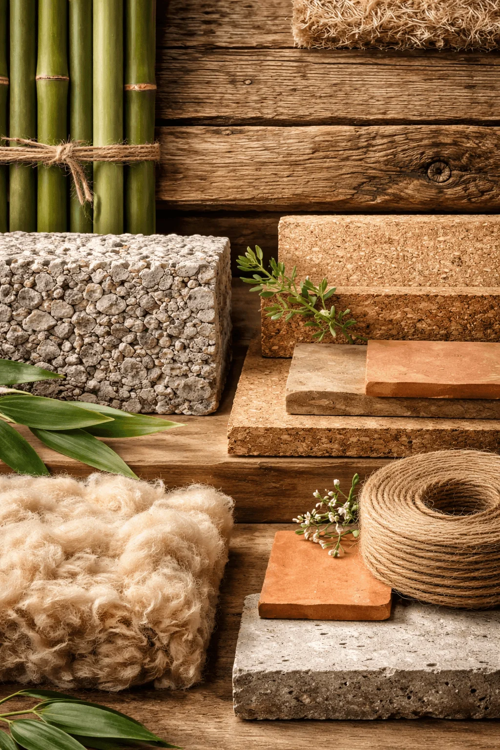 sustainable building materials display showing bamboo wood cork bricks natural fiber insulation recycled concrete and eco friendly construction elements