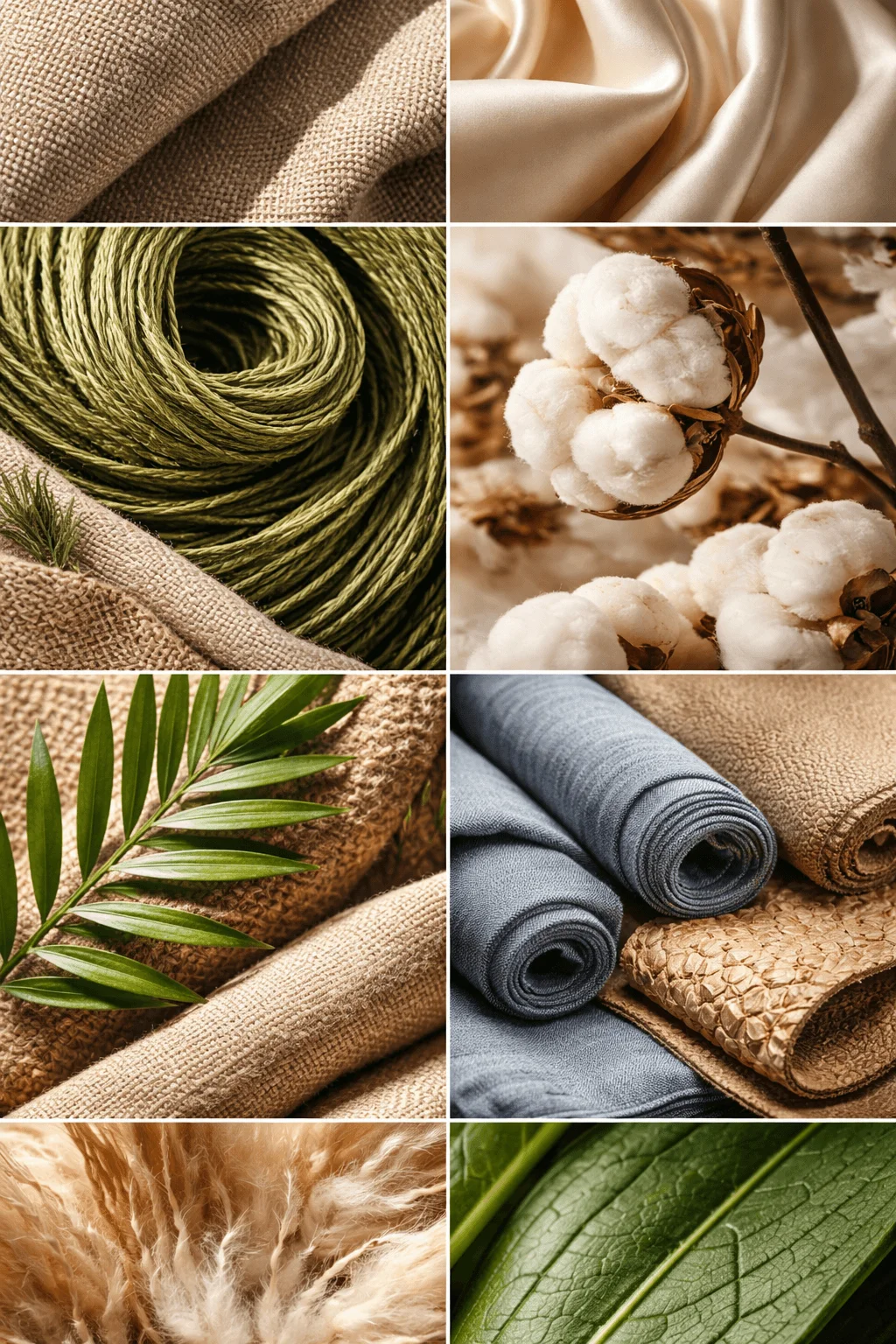 Collage of natural and sustainable textile materials including linen silk plant fibers cotton bolls woven fabrics leaves and organic textures in earthy tones