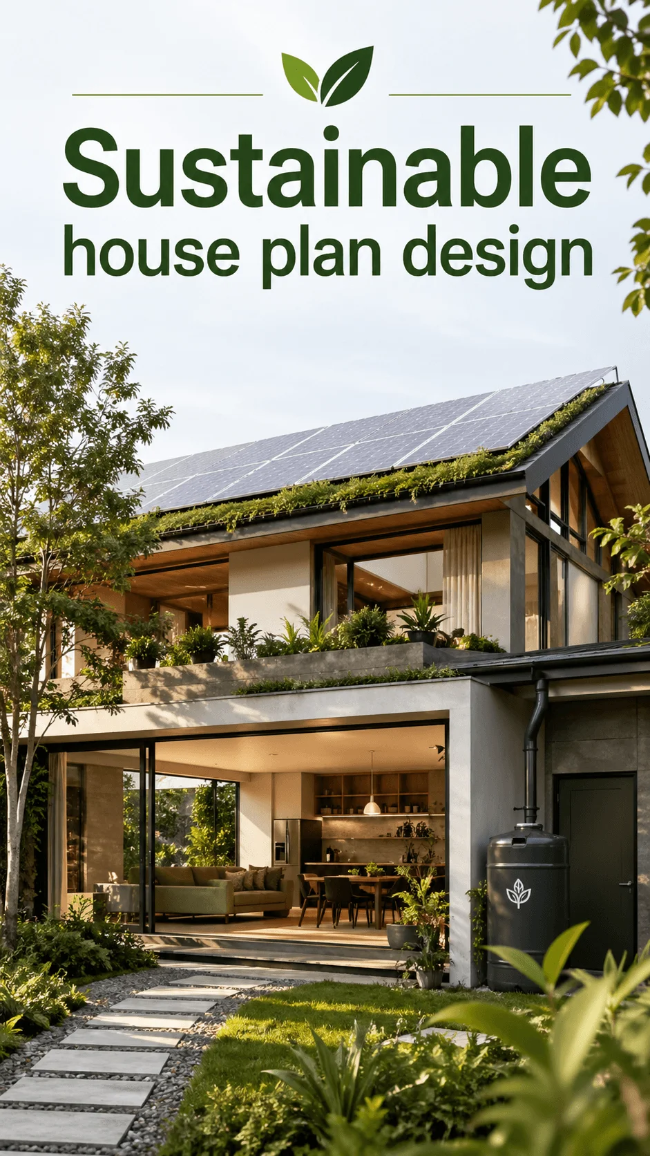 Modern eco friendly house with solar panels green roof plants large glass windows and open living space surrounded by garden greenery